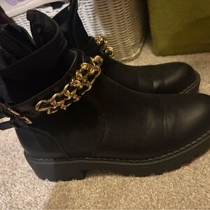 Stylish Black Ankle Boots with Gold Chain